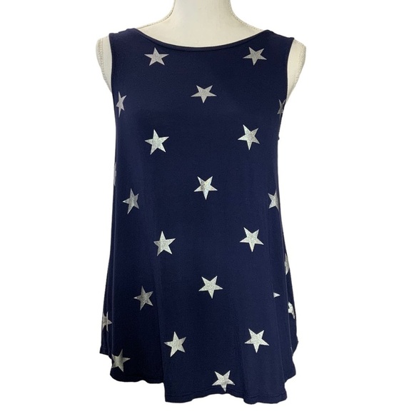 Old Navy Luxe Tank Tunic Top Patriotic Silver Metallic Stars Stretchy Blue SM - Picture 1 of 11